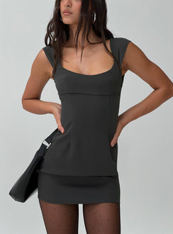 front view of model wearing Princess Polly Bramble Mini Dress Grey Scoop Neck 