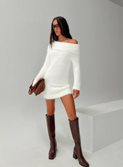 front view of model wearing Princess Polly Buchen Sweater Dress White Asymmetric Neckline 
