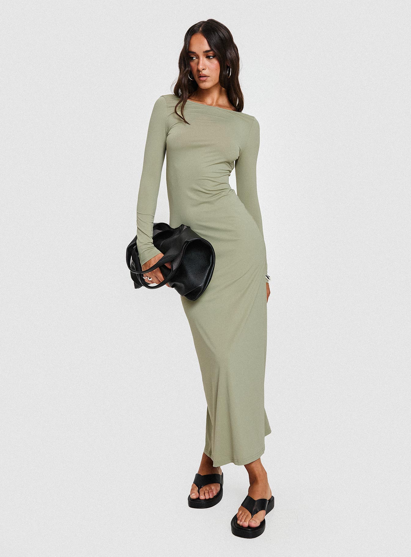 front view of model wearing Princess Polly Rain Fire Long Sleeve Maxi Dress Sage Boat Neck 