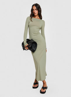 front view of model wearing Princess Polly Rain Fire Long Sleeve Maxi Dress Sage Boat Neck 