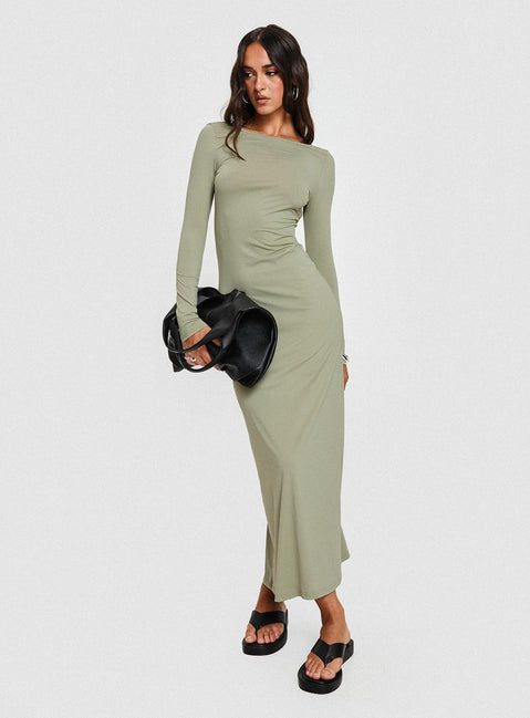 front view of model wearing Princess Polly Rain Fire Long Sleeve Maxi Dress Sage Boat Neck 
