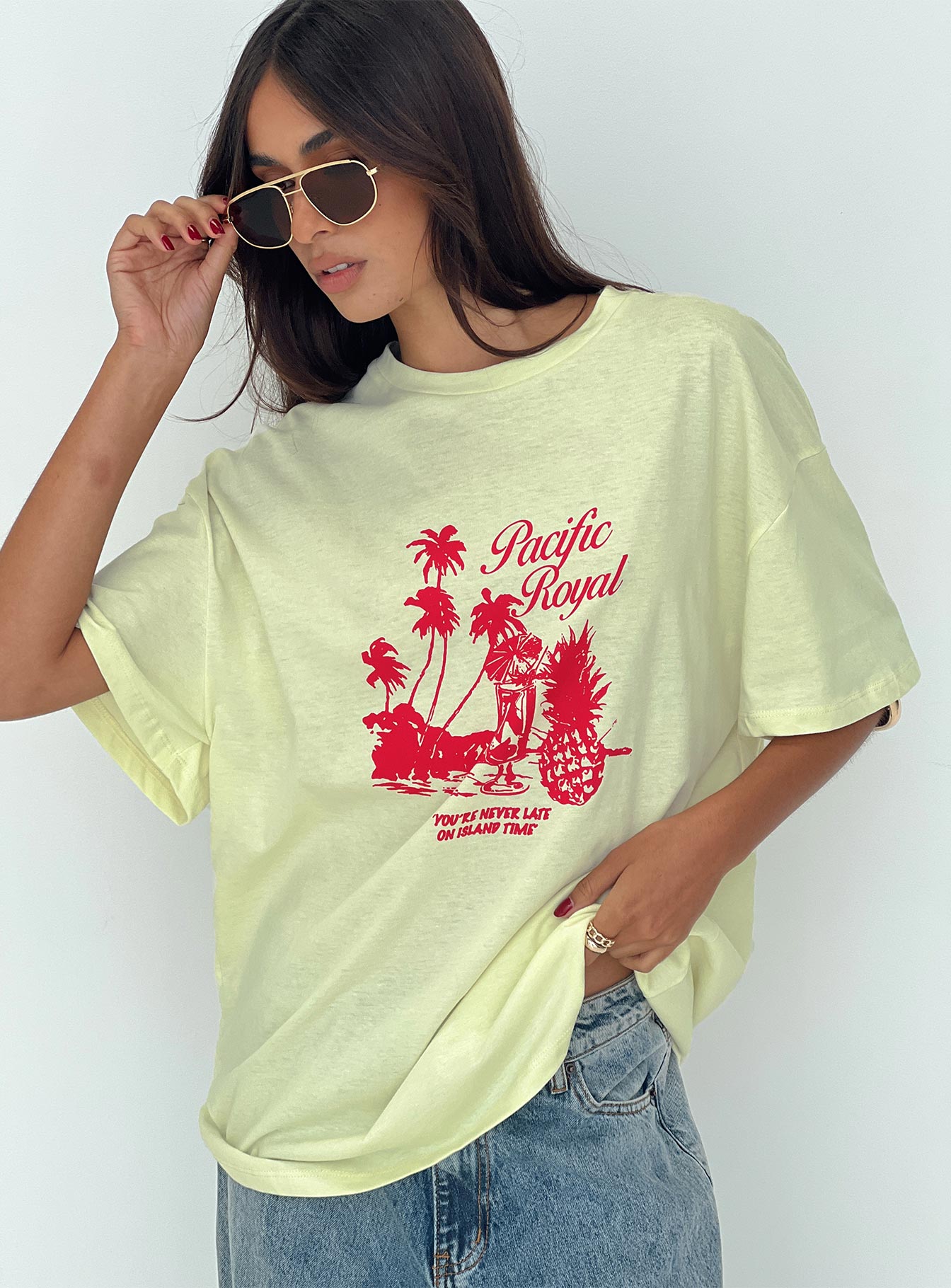 front view of model wearing Princess Polly Pacific Tee Yellow Half Sleeves Crew Neck 
