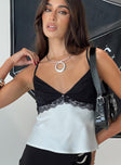 Satin top Lace detail, v-neckline, adjustable shoulder straps, invisible zip fastening down side Non-stretch material, lined bust
