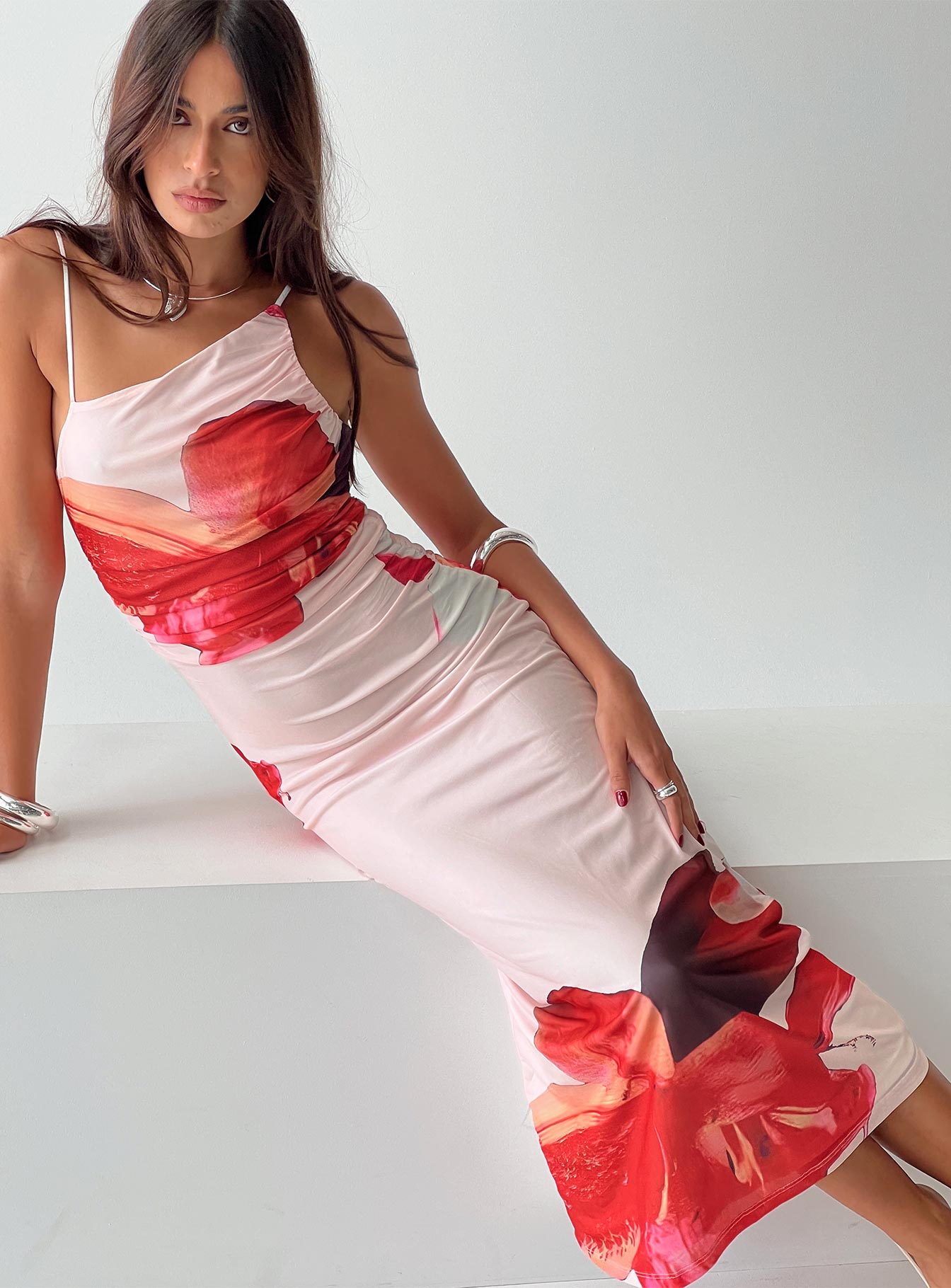 front view of model wearing Princess Polly Simeon Maxi Dress Floral Multi Asymmetric Neckline 
