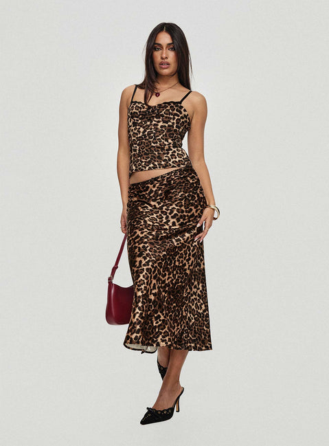   front view of model wearing Princess Polly Enigmatic Maxi Skirt Leopard Maxi 