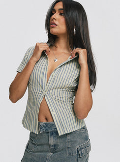 back view of model wearing Princess Polly Peppy Shirt Stripe Short Sleeves V-Neck 