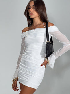 front view of model wearing Princess Polly Taylon Off The Shoulder Mini Dress White Straight Neck 