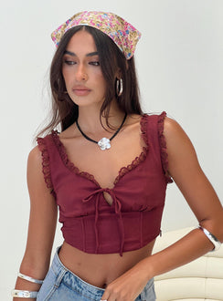 front view of model wearing Princess Polly Scarlett Top Wine Sleeveless V-Neck 