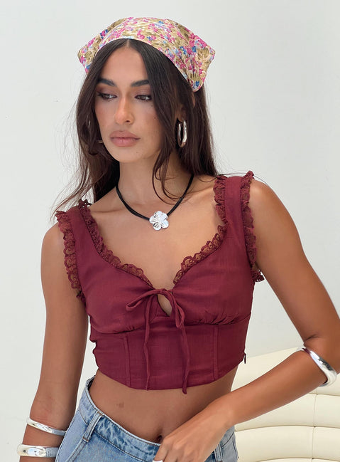 front view of model wearing Princess Polly Scarlett Top Wine Sleeveless V-Neck 