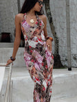 front view of model wearing Princess Polly Flora Halter Maxi Dress Multi Plunger 