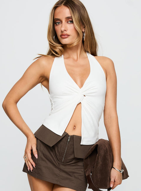 front view of model wearing Princess Polly No Hard Feelings Twist Top White Sleeveless Plunger 