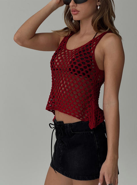 side view of model wearing Princess Polly Shikarni Knit Top Red Sleeveless Scoop Neck 
