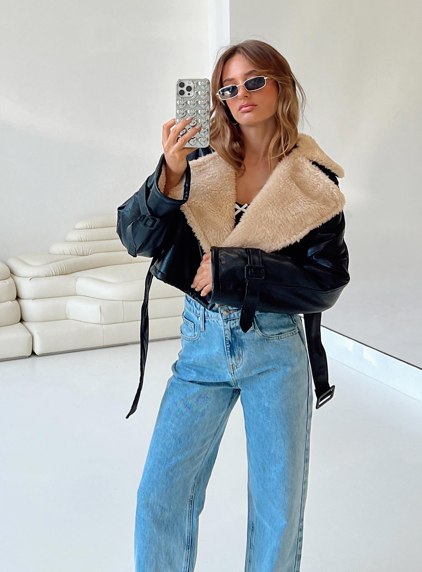 Oversize faux shearling lined denim trucker clearance jacket with removable faux fur collar