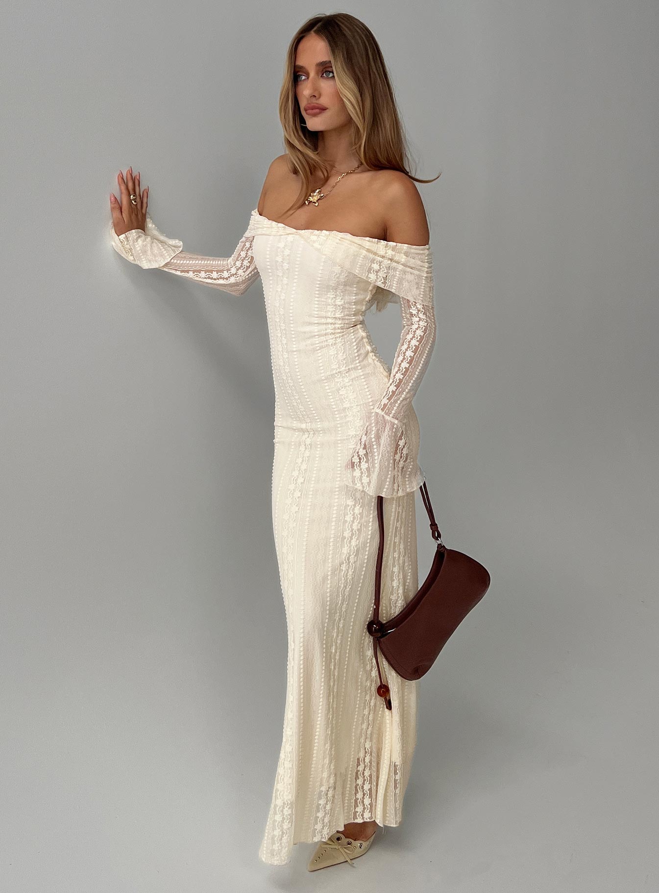 Perdita Long Sleeve Lace Maxi Dress Cream | Princess Polly