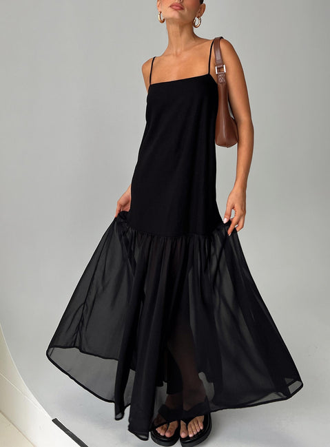 back view of model wearing Princess Polly Iskra Drop Waist Maxi Dress Black Square Neck 