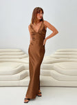 front view of model wearing Princess Polly Galloway Maxi Dress Brown Plunger 