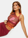 Tank top Mesh material, tie-dye print, high neckline, ruching detail at sides Good stretch, fully lined 