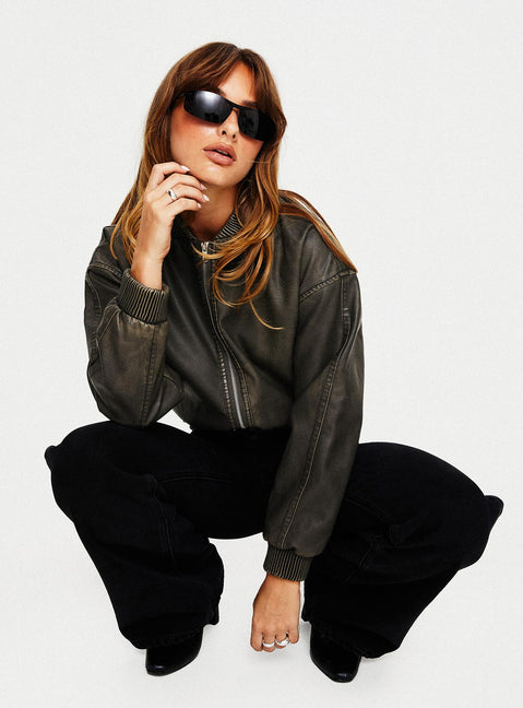 Washed green Faux leather jacket  Drop shoulder, ribbed collar, cuff & hem, twin hip pockets with clasp fastening, zip fastening at the front 