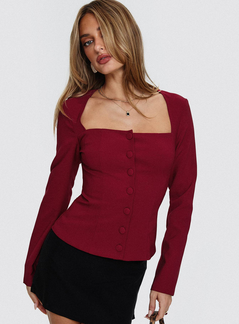 front view of model wearing Princess Polly Gaskin Long Sleeve Top Burgundy Full Sleeves Square Neck 