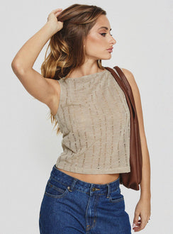 front view of model wearing Princess Polly Cassander Top Beige Sleeveless High Neck 