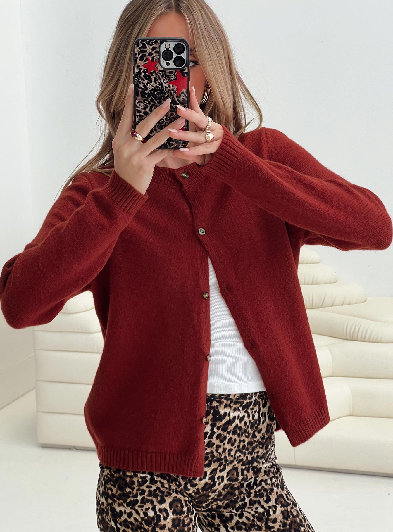 front view of model wearing Princess Polly Arica Button Up Knit Cardigan Red Long 