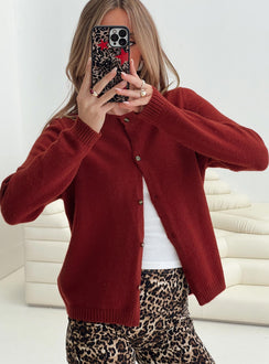 front view of model wearing Princess Polly Arica Button Up Knit Cardigan Red Long 