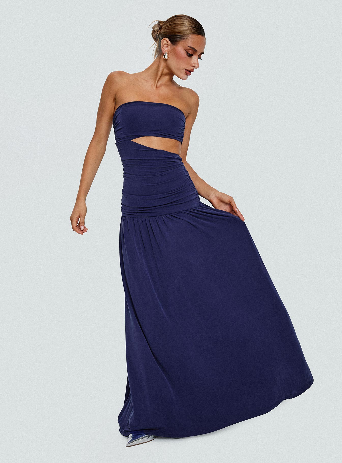 front view of model wearing Princess Polly Grandeur Strapless Maxi Dress Navy Straight Neck 