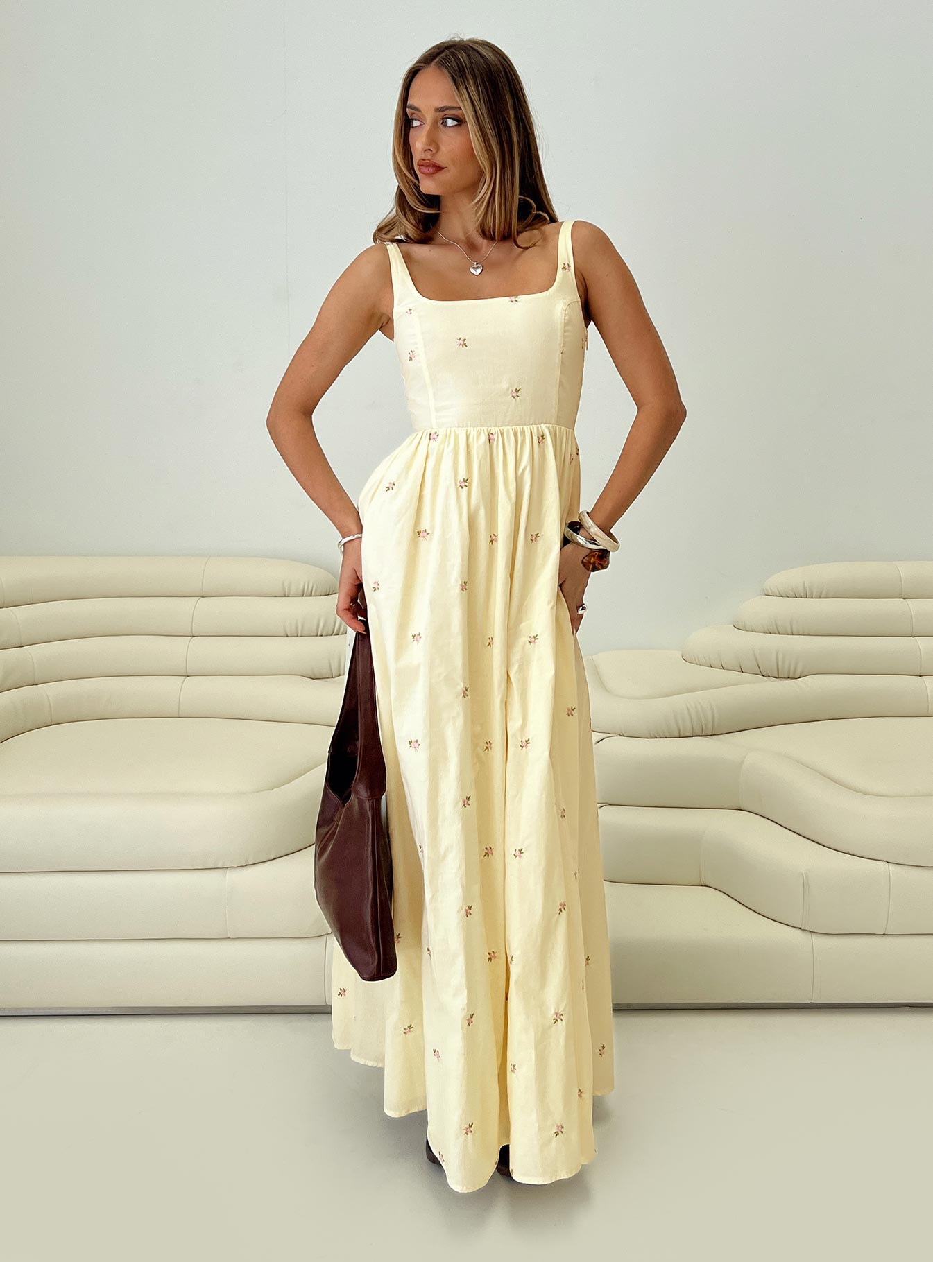 front view of model wearing Princess Polly Cartmel Embroidered Maxi Dress Cream Square Neck 