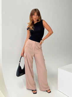 front view of model wearing Princess Polly Wallom Cargo Pants Beige High Waisted Pants 