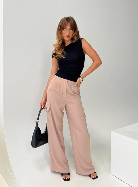 front view of model wearing Princess Polly Wallom Cargo Pants Beige High Waisted Pants 