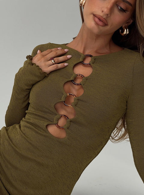 back view of model wearing Princess Polly Dejonge Ring Mini Dress Olive Crew Neck 