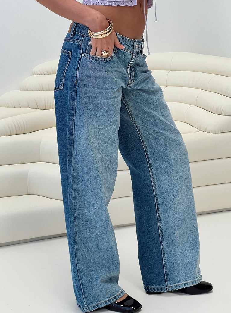 front view of model wearing Princess Polly Ferris Two-toned Straight Leg Jean Blue Wash Denim Low Rise Jeans 