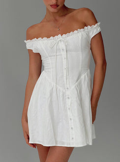 side view of model wearing Princess Polly White Horse Off The Shoulder Mini Dress White Straight Neck 