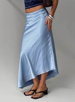 back view of model wearing Princess Polly Resistance Asymmetrical Maxi Skirt Blue Maxi 