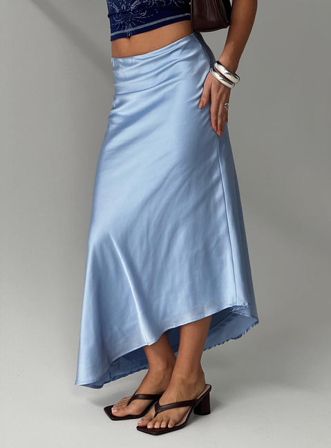 back view of model wearing Princess Polly Resistance Asymmetrical Maxi Skirt Blue Maxi 