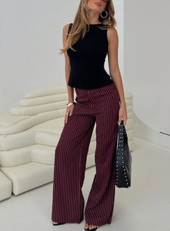 front view of model wearing Princess Polly Lorenne Mid Rise Pant Burgundy Pinstripe High Waisted Pants 