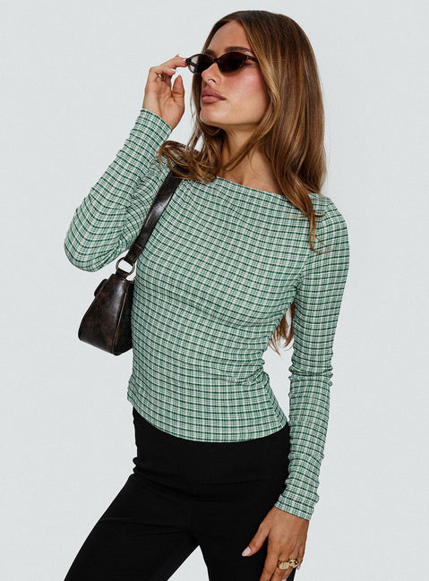 front view of model wearing Princess Polly Every Second Boat Neck Long Sleeve Top Green Check Full Sleeves Boat Neck 