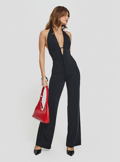 Jumpsuit Plunging neckline, halter style, silver-toned buckle detail at bust, straight leg fit Good stretch, unlined  Princess Polly Lower Impact 