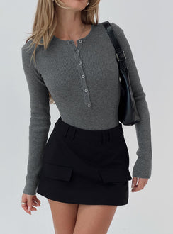 front view of model wearing Princess Polly Kerra Long Sleeve Bodysuit Charcoal Full Sleeves 