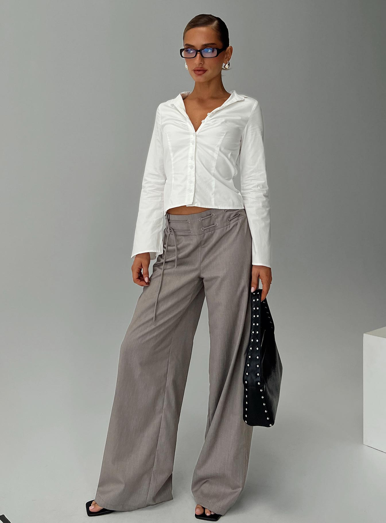 front view of model wearing Princess Polly Just Have Fun Wide Leg Pant Grey Petite High Waisted Pants 