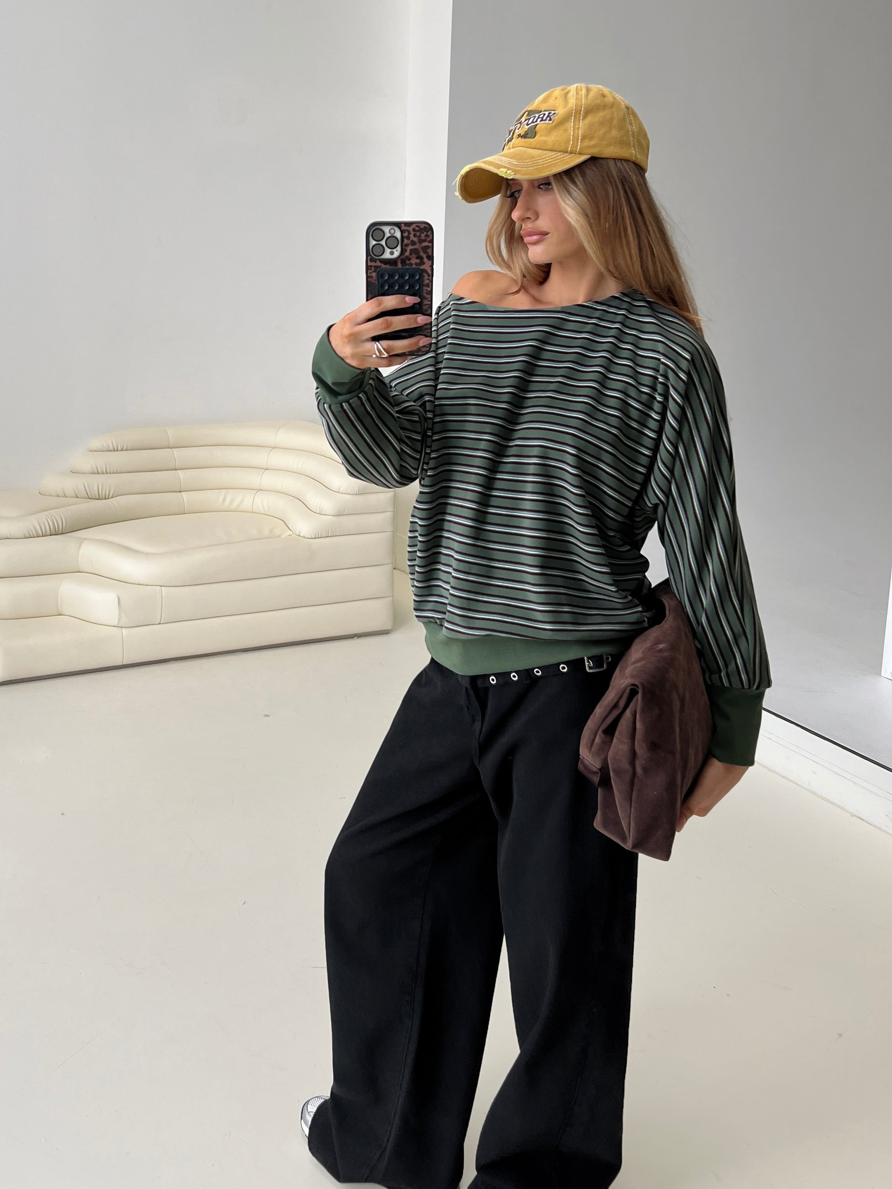 back view of model wearing Princess Polly Zaylah Contrast Cuff Jumper Green Long 