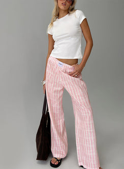 front view of model wearing Princess Polly Beach House Pants Pink Stripe High Waisted Pants 