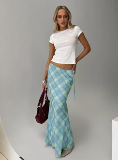   front view of model wearing Princess Polly Seafarer Tie Side Maxi Skirt Blue Check Maxi 