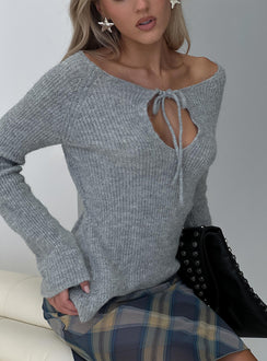 back view of model wearing Princess Polly Luxie Tie Detail Knit Sweater Grey 