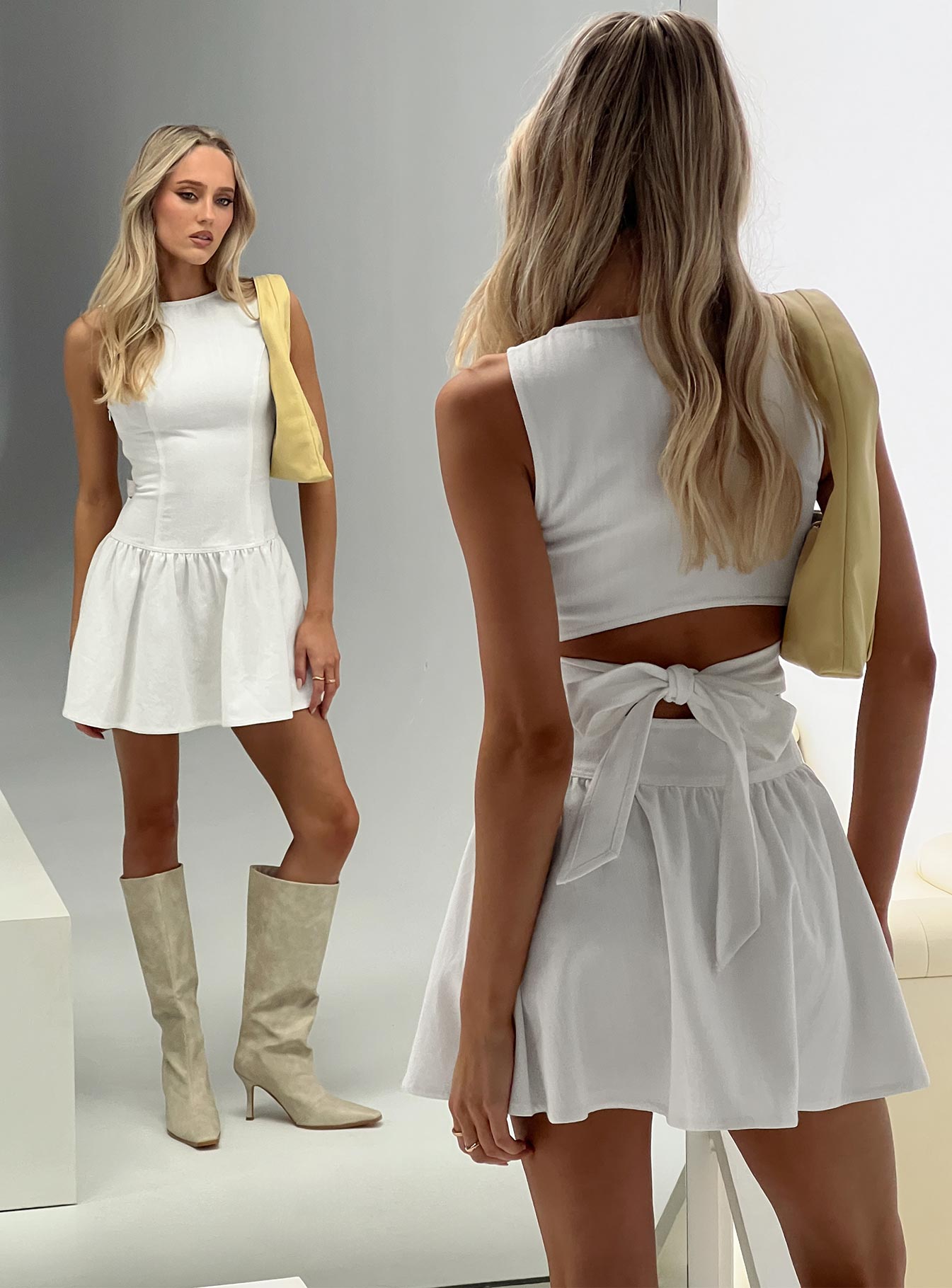 back view of model wearing Princess Polly Faela Tie Back Mini Dress White Crew Neck 