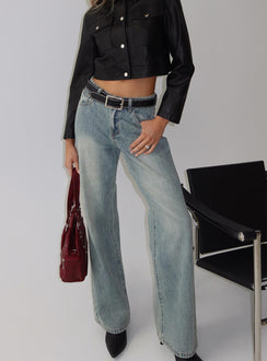 front view of model wearing Princess Polly Echo Park Jeans Vintage Wash Jean Mid Rise 