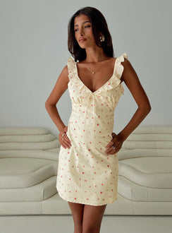 front view of model wearing Princess Polly Tattoo Kisses Frill Mini Dress Floral V-Neck 