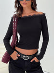 front view of model wearing Princess Polly Scarva Off Shoulder Lace Trim Long Sleeve Top Black Full Sleeves straight 