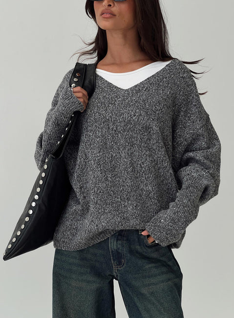 front view of model wearing Princess Polly Beyond My Gaze V Neck Knit Sweater Grey Long 