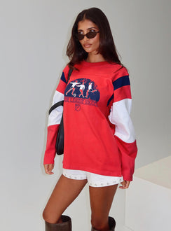 side view of model wearing Princess Polly MLS 96 Retro Long Sleeve Top Red Full Sleeves Crew Neck 